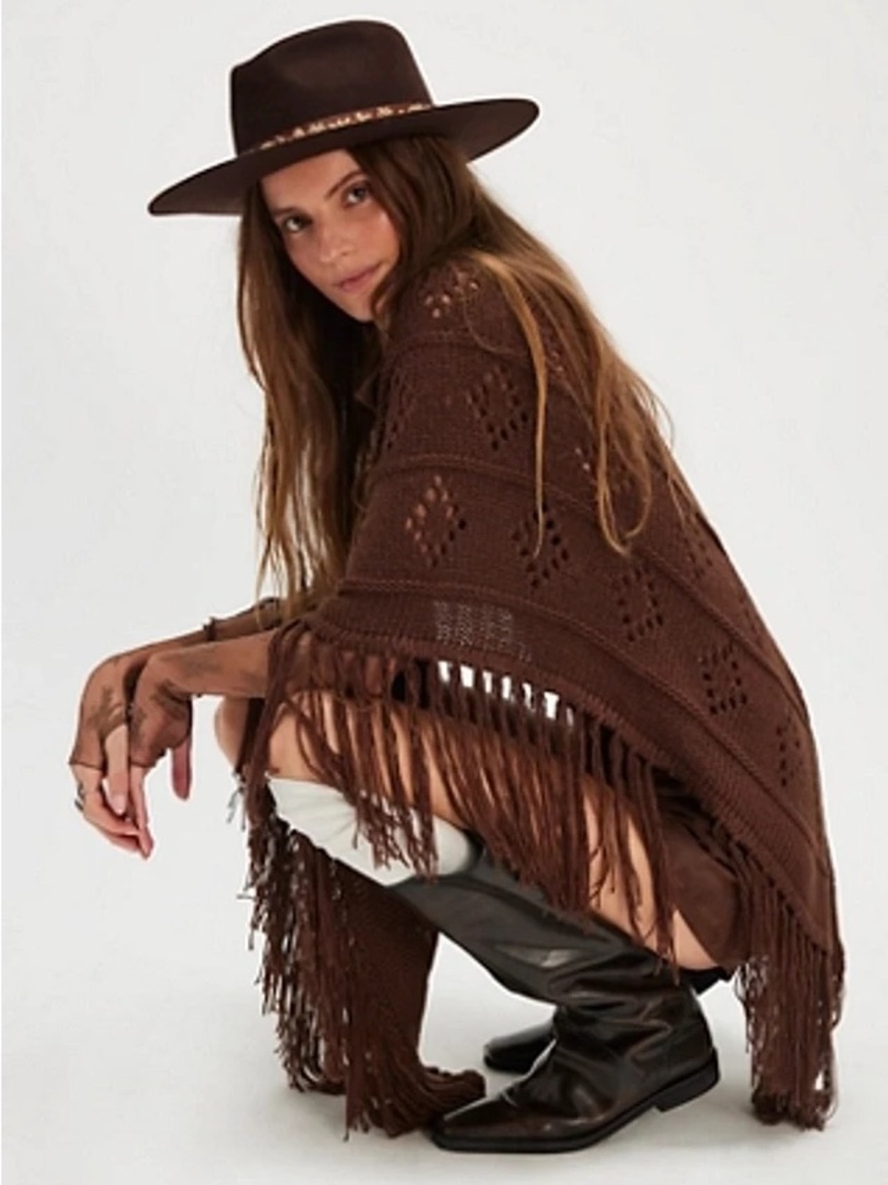 FREE PEOPLE X UNDERSTATED LEATHER Eyelet Knit Poncho, One Size